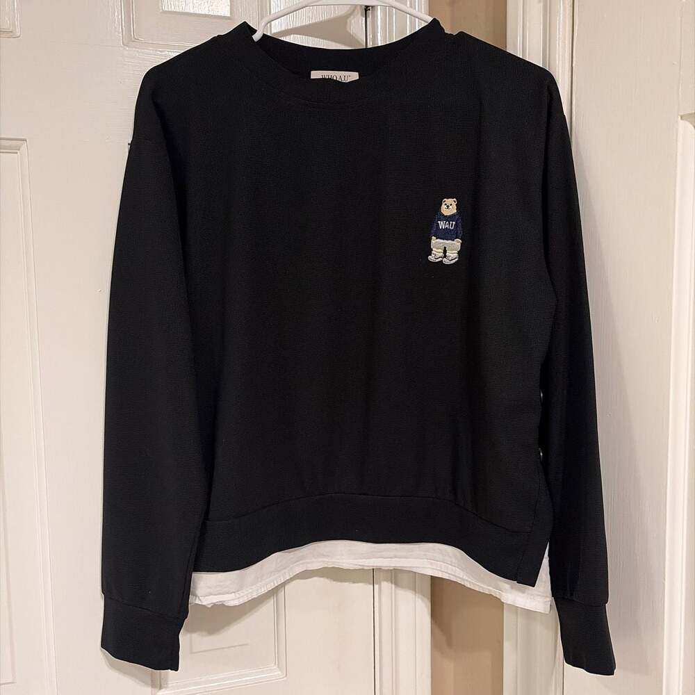 WHO.A.U Black Waffle Knit Bear Embroidered Layered Sweatshirt Size M